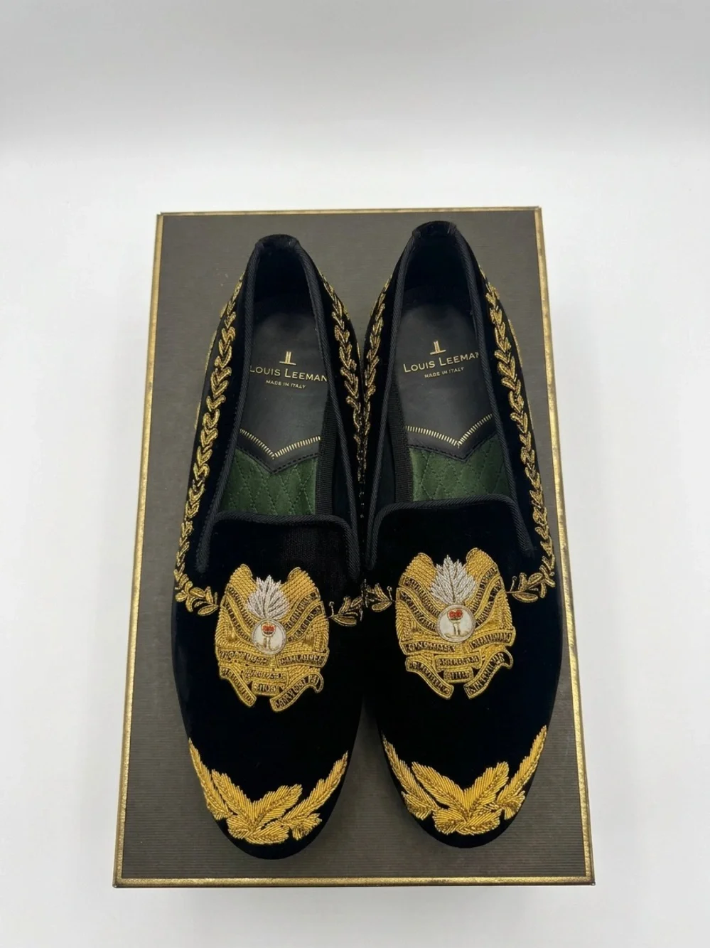 Black Velvet Loafers with Gold Embroidered Crest  display picture 2